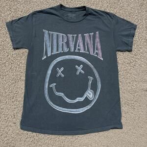 Nirvana Teal Acid Wash Smiley Face Band T-Shirt MEDIUM NWOT